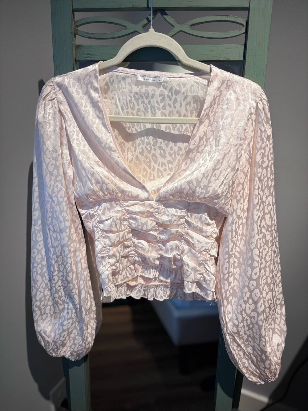 Shop Neighbor Blush Pink Satin Leopard Print Ruched Crop Top Medium